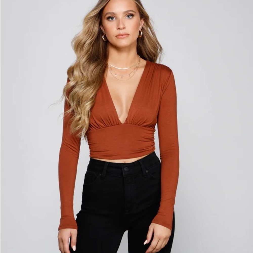 Windsor Brown long sleeve V neck crop top